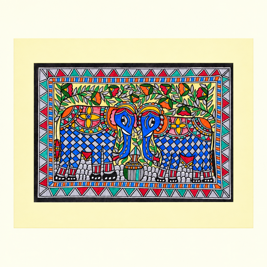Gaja Sangam - Madhubani Painting - view 2, handmade Madhubani painting from India