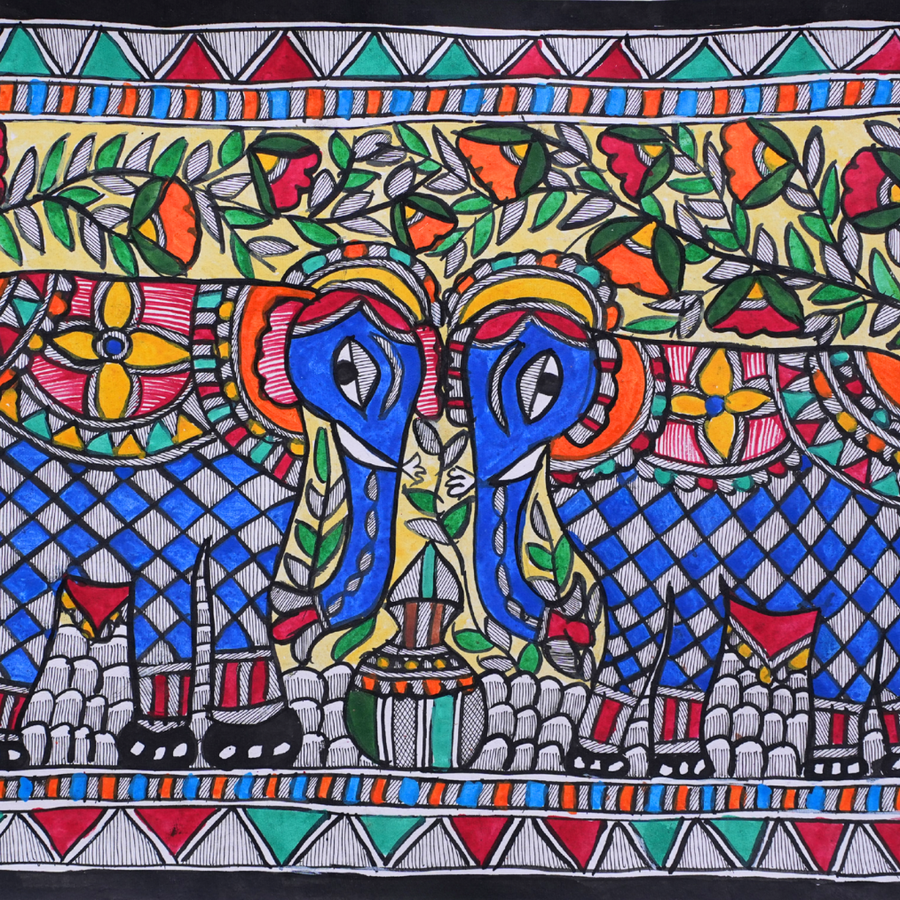 Gaja Sangam - Madhubani Painting - view 4, handmade Madhubani painting from India