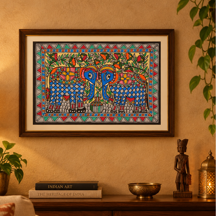 Gaja Sangam - Madhubani Painting, handmade Madhubani painting from India