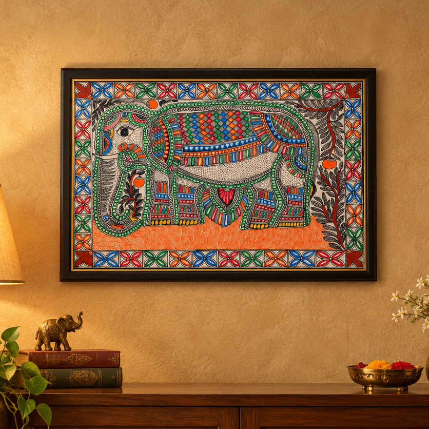 Gaja Shobha - Madhubani Painting, handmade Madhubani painting from India