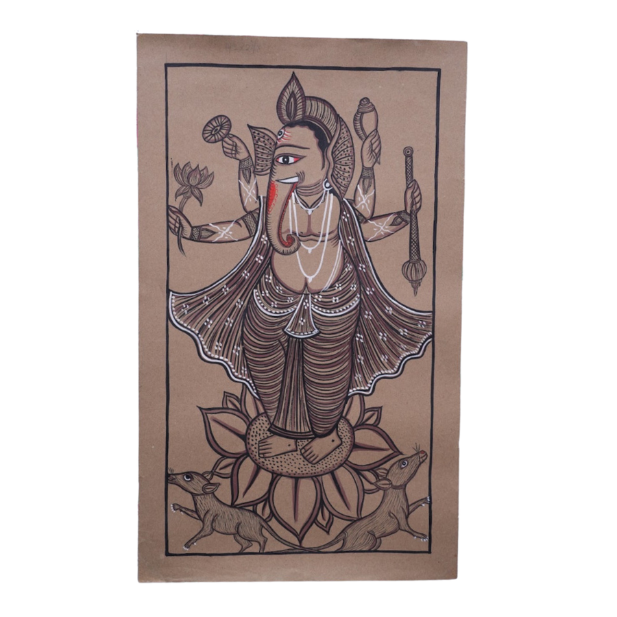 Ganesha on Lotus - Kalighat Painting - view 2, handmade Kalighat folk painting from India