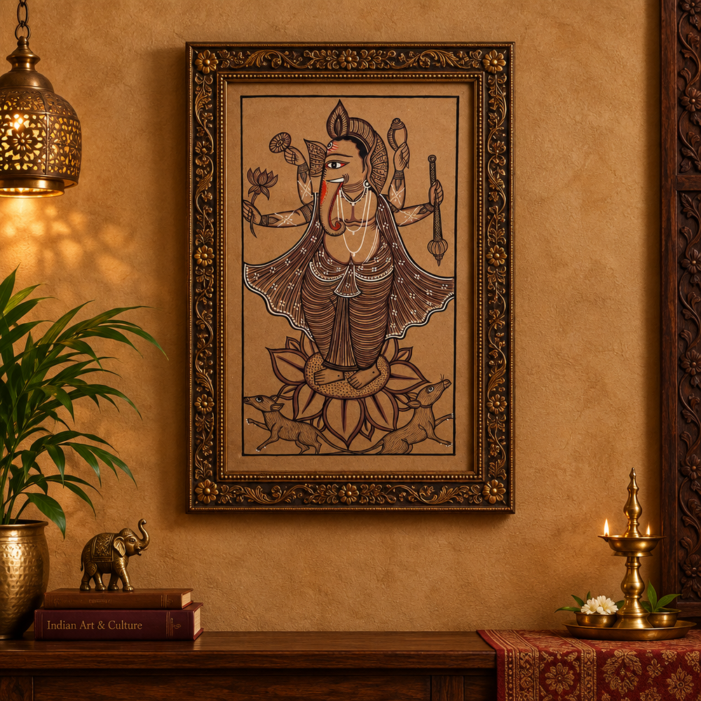 Ganesha on Lotus - Kalighat Painting, handmade Kalighat folk painting from India