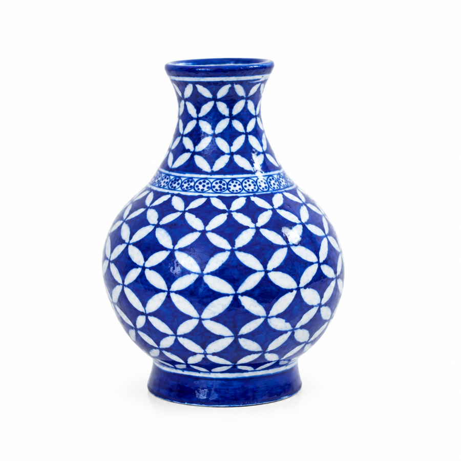 Geometric Petal Surahi - Jaipur Blue Pottery, handmade Jaipur blue pottery from India