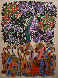 Giraffe Beneath the Tree - Gond Paper Painting, handmade Gond folk painting from India