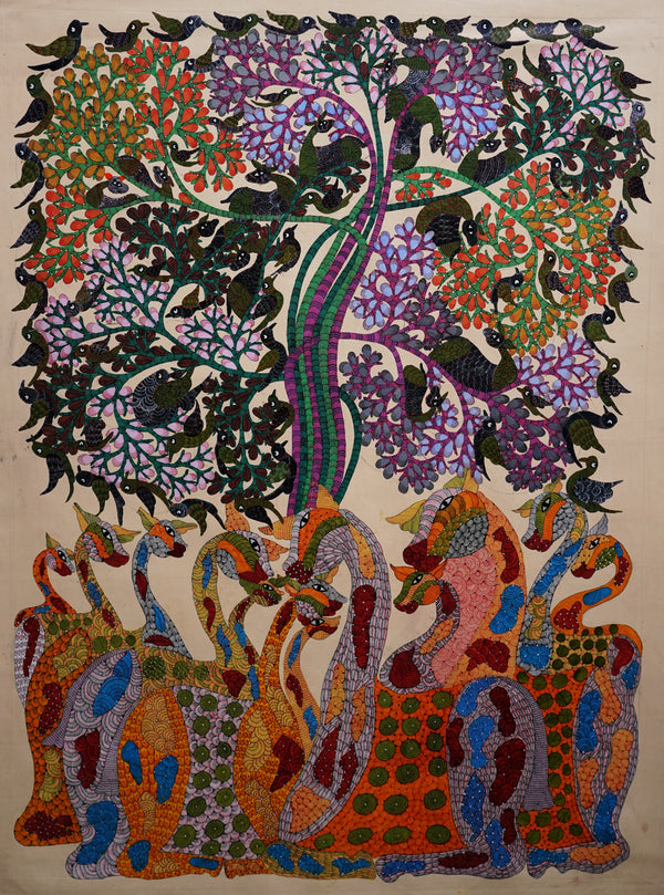 Giraffe Beneath the Tree - Gond Paper Painting, handmade Gond folk painting from India