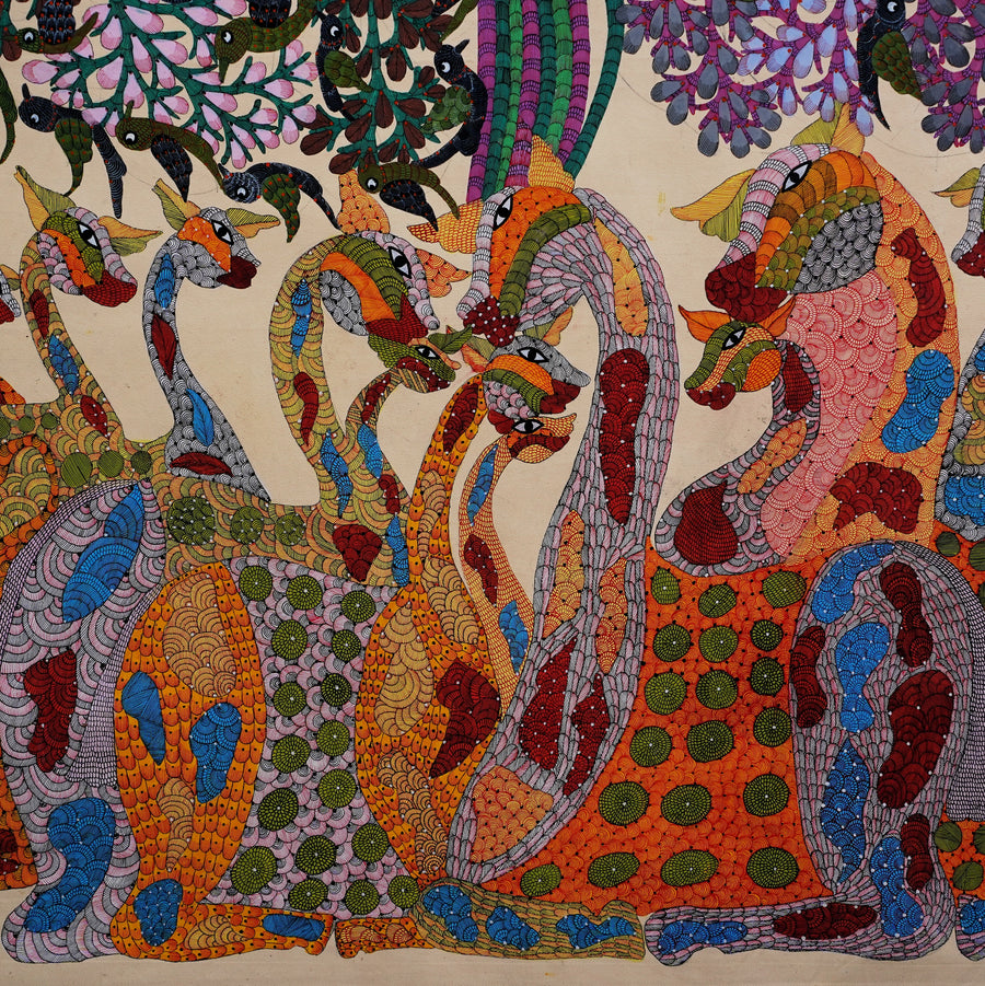 Giraffe Beneath the Tree - Gond Paper Painting - view 3, handmade Gond folk painting from India