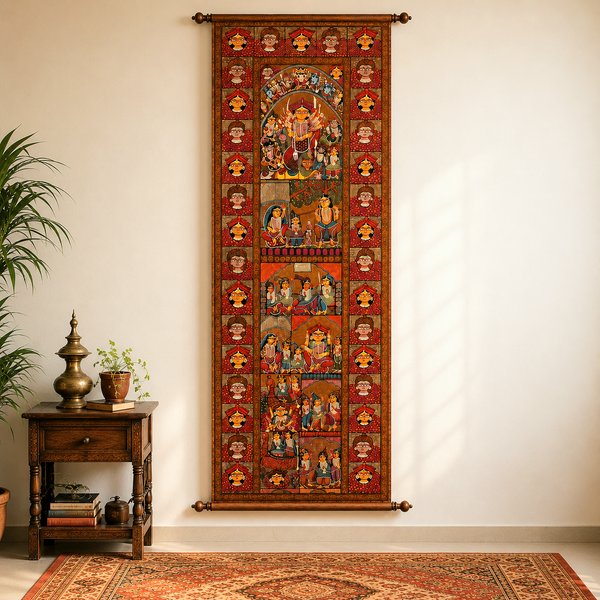Goddess Durga Narrative Scroll - Kalighat Painting, handmade Kalighat folk painting from India