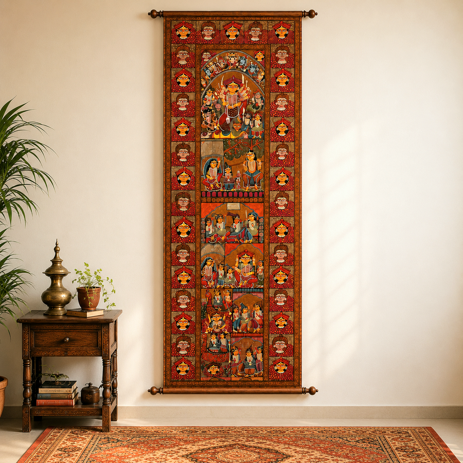 Goddess Durga Narrative Scroll - Kalighat Painting, handmade Kalighat folk painting from India