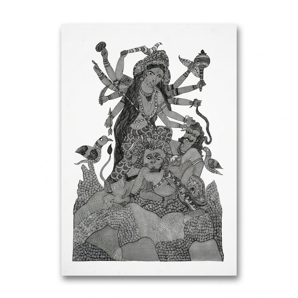 Goddess Durga Slaying Mahishasura - Gond Paper Painting, handmade Gond folk painting from India