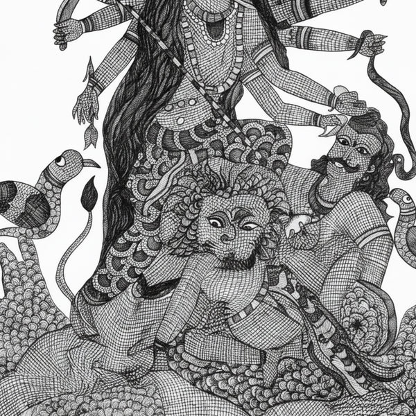 Goddess Durga Slaying Mahishasura - Gond Paper Painting - view 2, handmade Gond folk painting from India