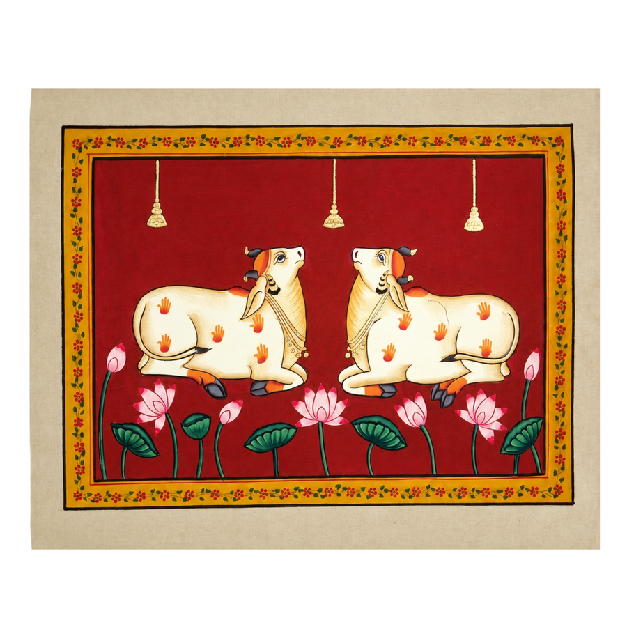 Kamdhenu and Lotus - Pichwai Painting, handmade pichwai painting from India