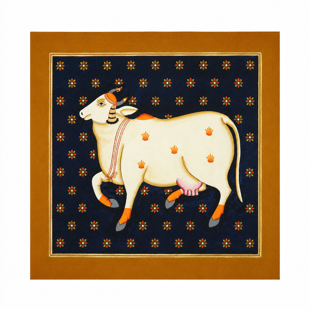 Kamdhenu in Bloom - Pichwai Painting, handmade pichwai painting from India