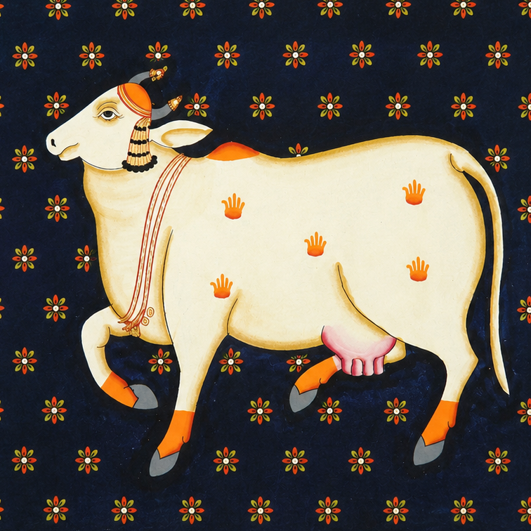 Kamdhenu in Bloom - Pichwai Painting - view 2, handmade pichwai painting from India