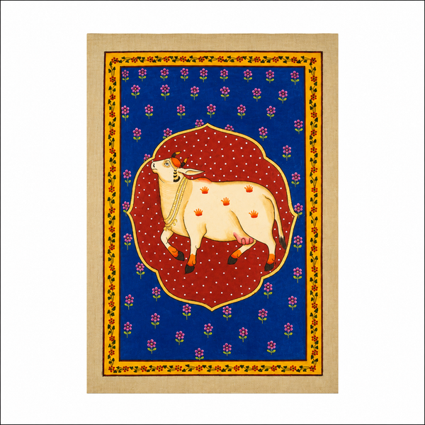 Kamdhenu in Floral Grace - Pichwai Painting, handmade pichwai painting from India