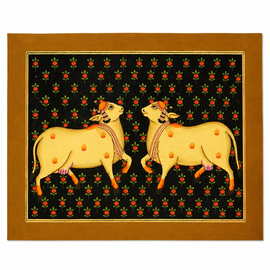 Kamdhenu in Floral Harmony - Pichwai Painting, handmade pichwai painting from India