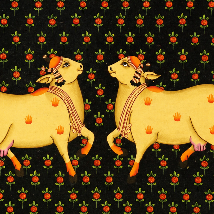 Kamdhenu in Floral Harmony - Pichwai Painting - view 2, handmade pichwai painting from India