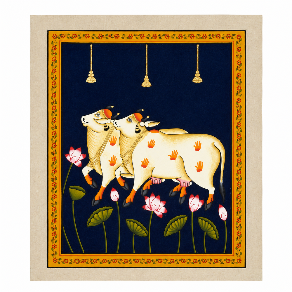 Kamdhenu's Divine Bond - Pichwai Painting, handmade pichwai painting from India