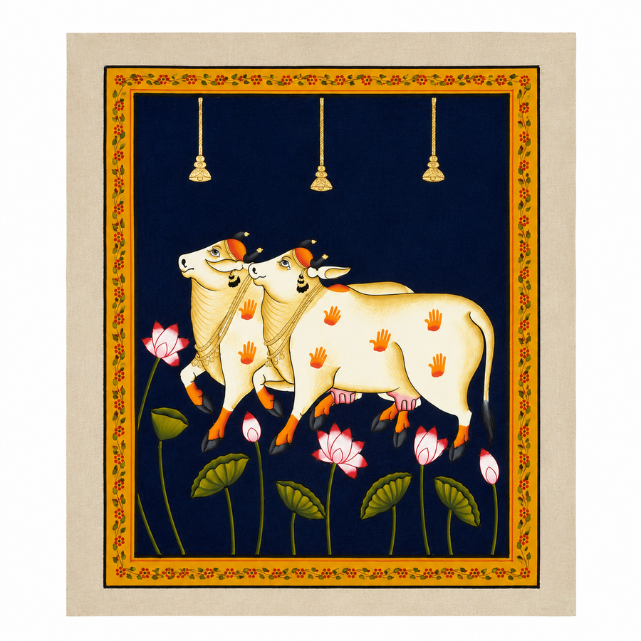 Kamdhenu's Divine Bond - Pichwai Painting, handmade pichwai painting from India