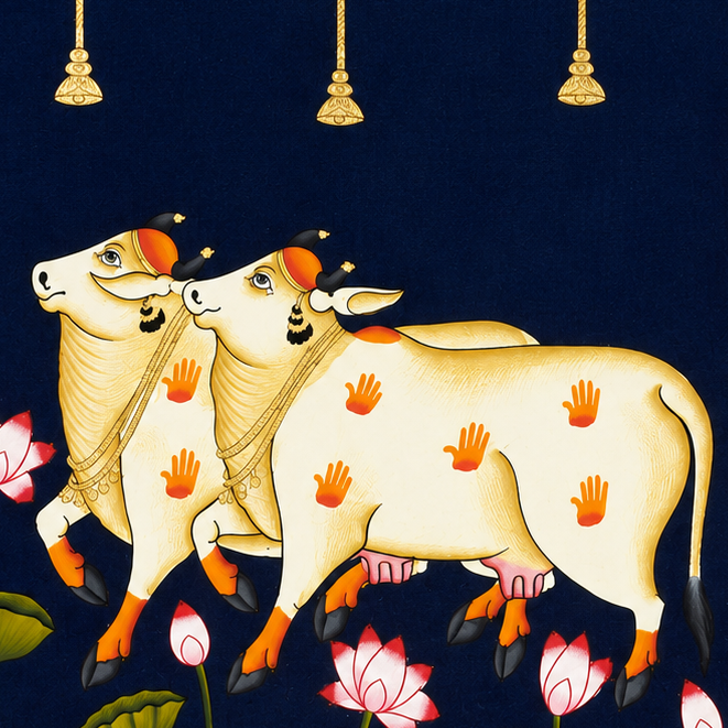 Kamdhenu's Divine Bond - Pichwai Painting - view 2, handmade pichwai painting from India