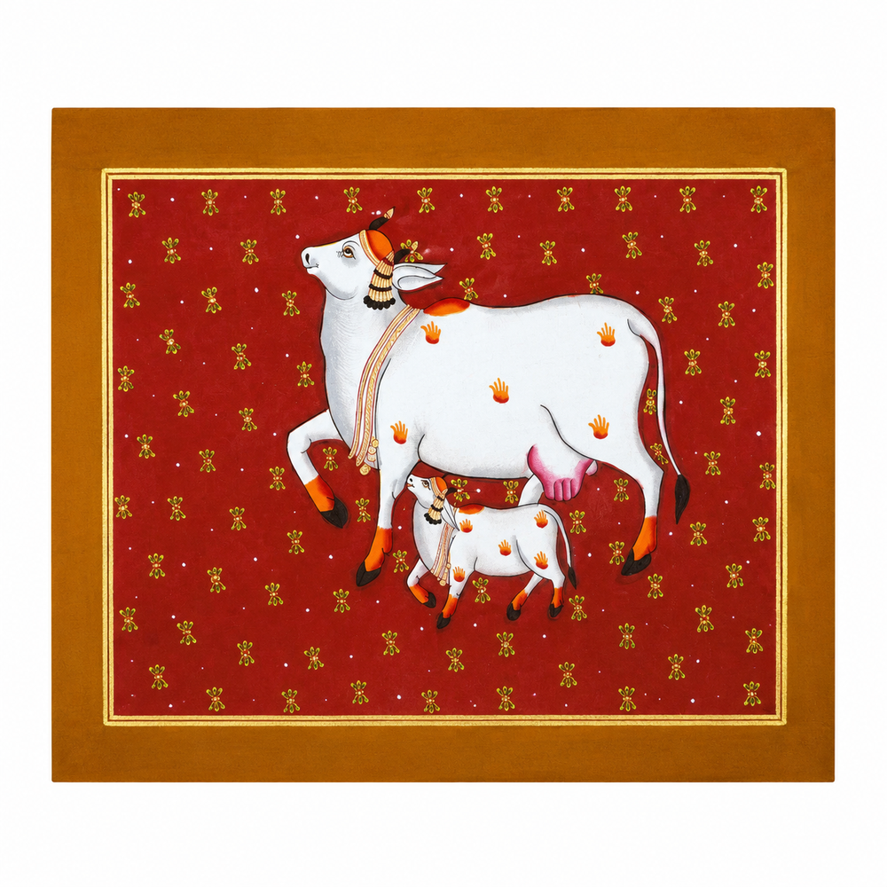 Kamdhenu with Calf - Pichwai Painting, handmade pichwai painting from India