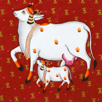 Kamdhenu with Calf - Pichwai Painting - view 2, handmade pichwai painting from India