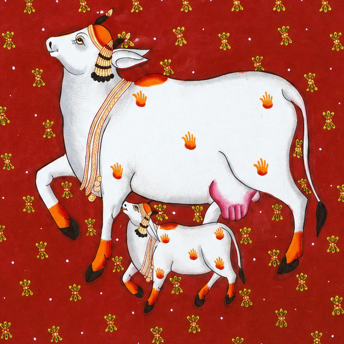 Kamdhenu with Calf - Pichwai Painting - view 2, handmade pichwai painting from India