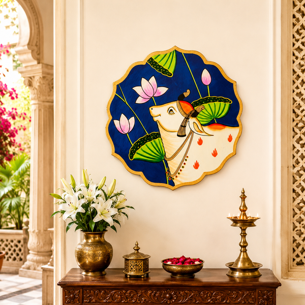 Kamdhenu - Wooden Panel Pichwai Painting, handmade pichwai painting from India
