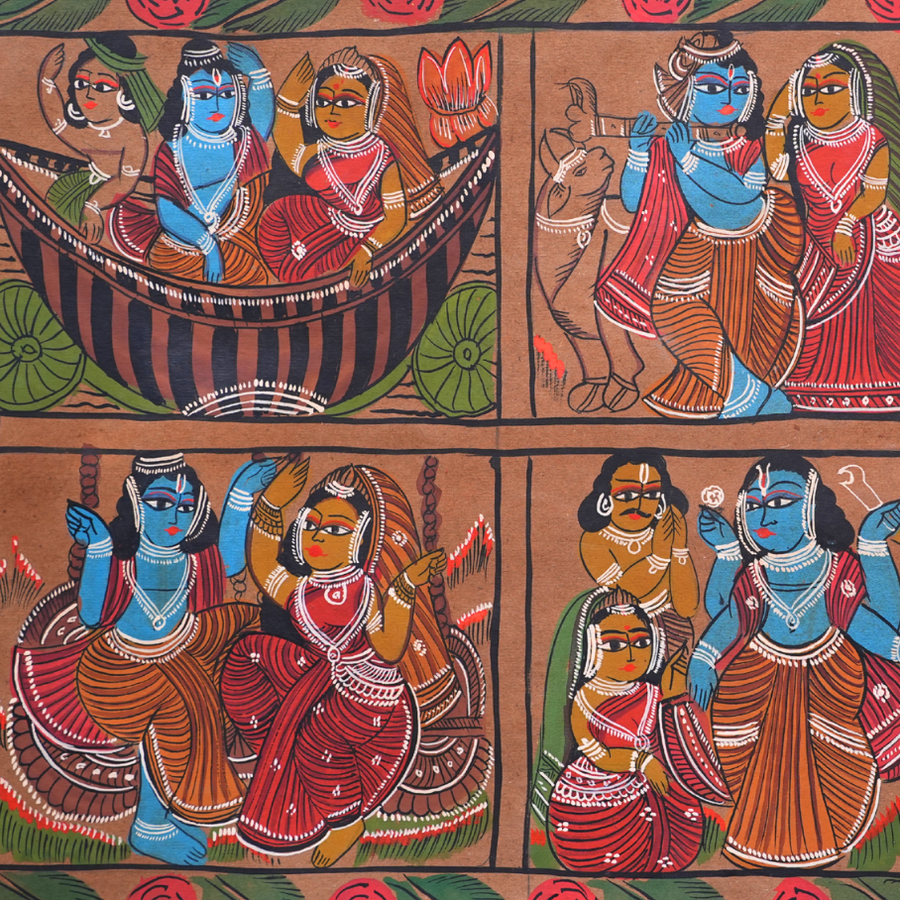 Krishna Leela - Kalighat Painting - view 2, handmade Kalighat folk painting from India