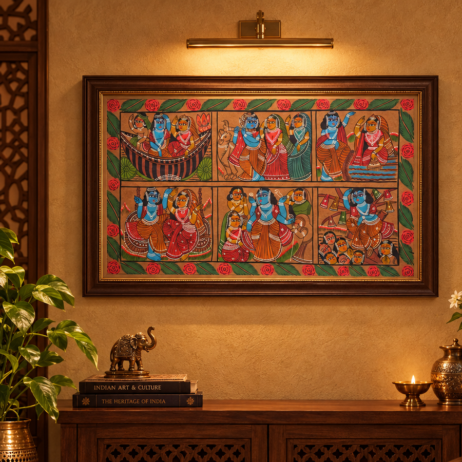 Krishna Leela - Kalighat Painting - view 3, handmade Kalighat folk painting from India