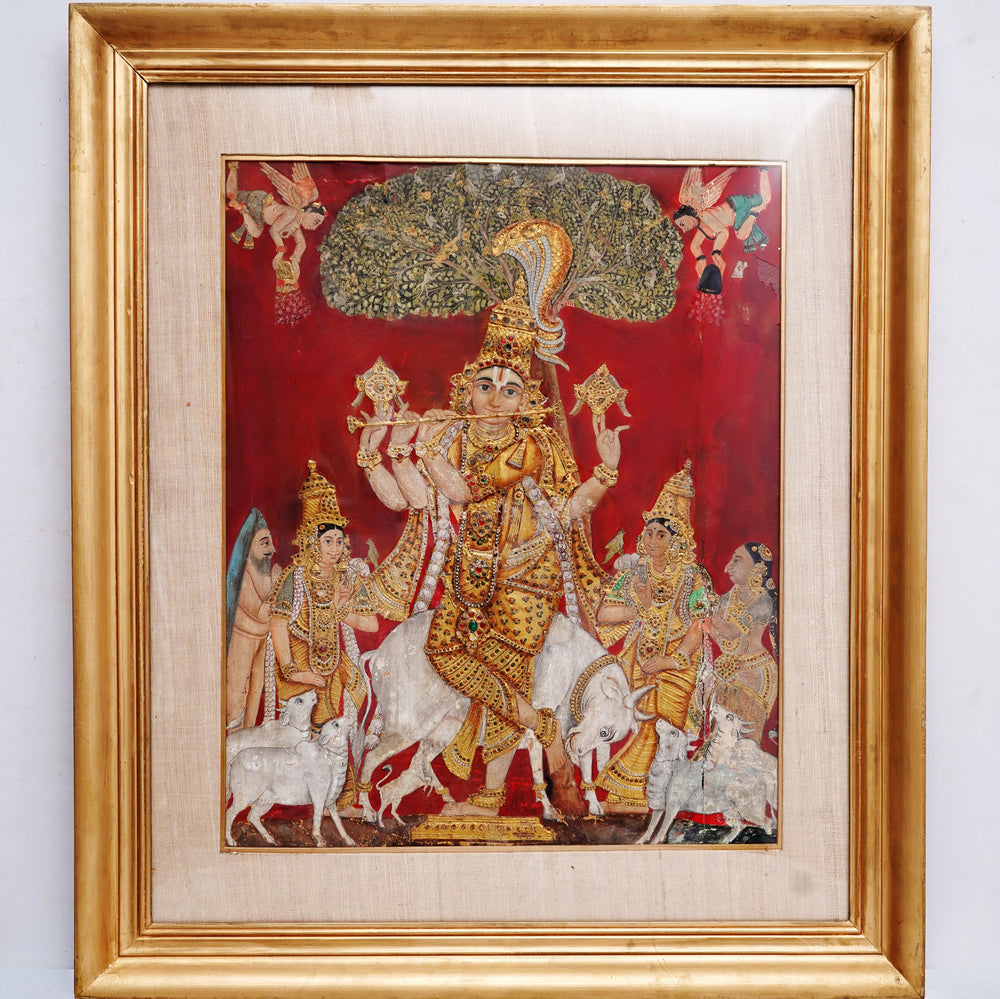 Krishna Playing the Flute - Tanjore Painting, handmade Tanjore painting from India