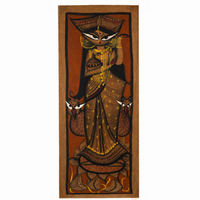Lakshmi Mata with Owl - Kalighat Painting, handmade Kalighat folk painting from India