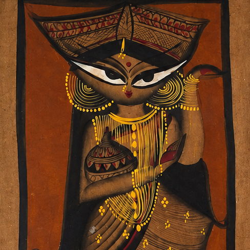 Lakshmi Mata with Owl - Kalighat Painting - view 2, handmade Kalighat folk painting from India
