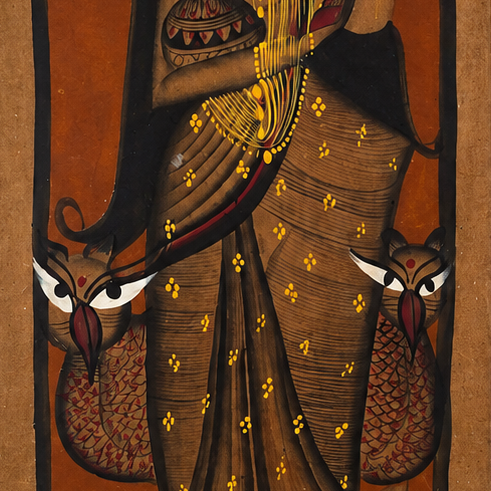 Lakshmi Mata with Owl - Kalighat Painting - view 4, handmade Kalighat folk painting from India
