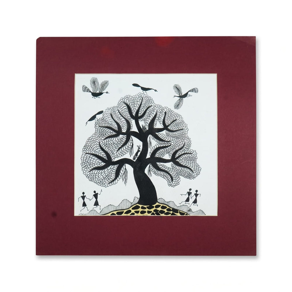 Life Beneath the Banyan Tree - Warli Paper Painting, handmade Warli folk painting from India