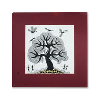 Life Beneath the Banyan Tree - Warli Paper Painting, handmade Warli folk painting from India