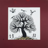 Life Beneath the Banyan Tree - Warli Paper Painting - view 2, handmade Warli folk painting from India