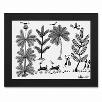 Life's Simple Beauty - Warli Paper Painting, handmade Warli folk painting from India