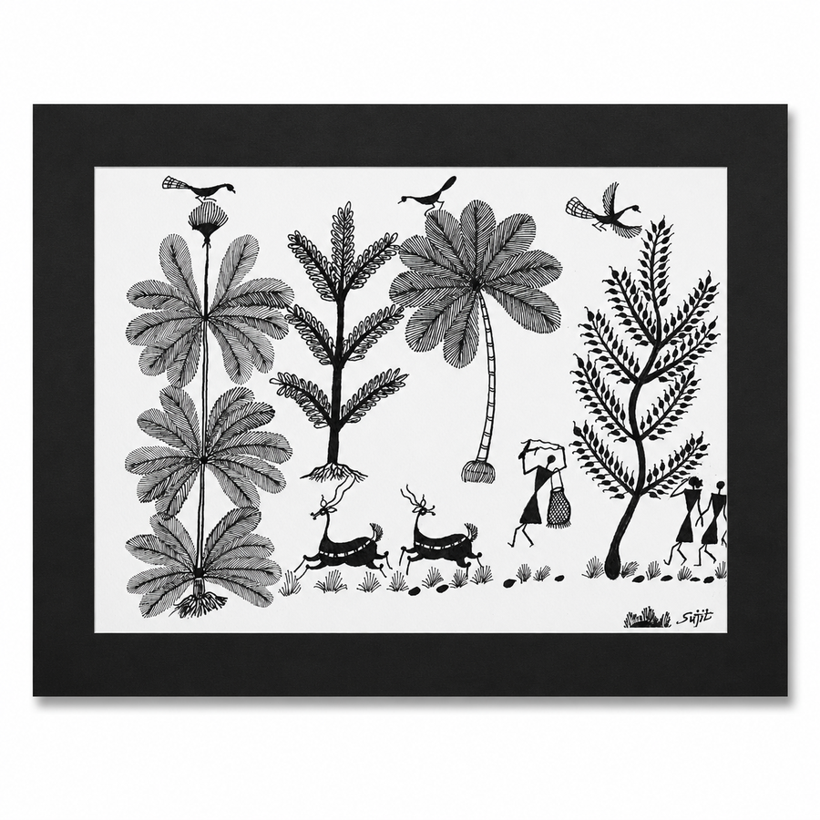 Life's Simple Beauty - Warli Paper Painting, handmade Warli folk painting from India