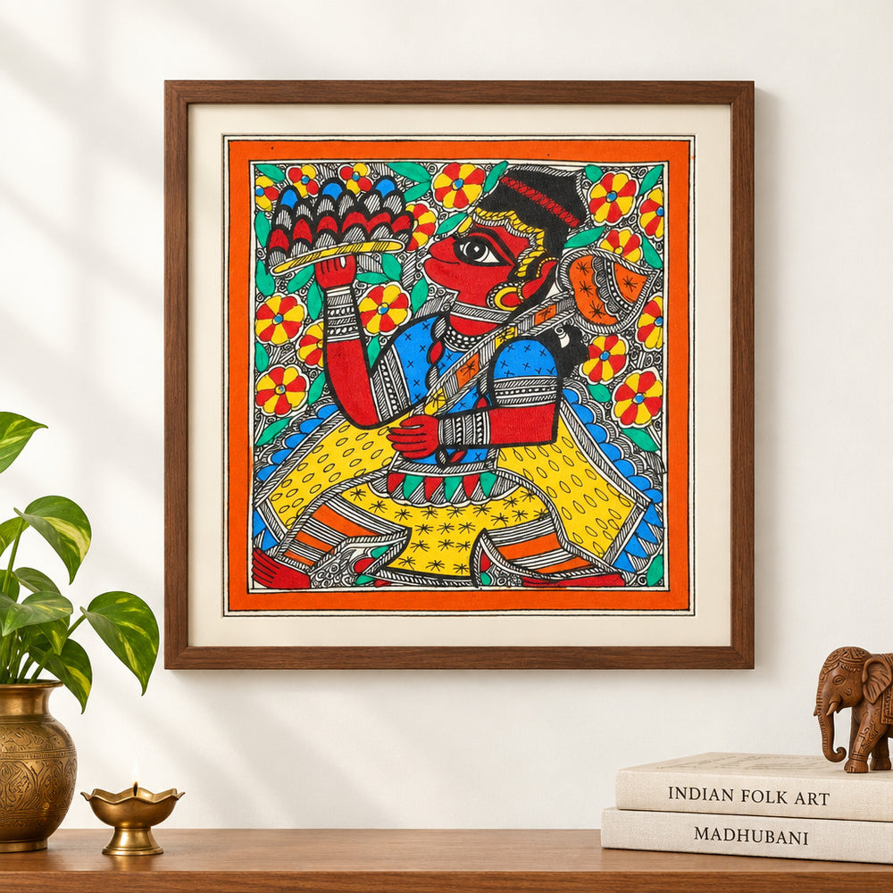 Lord Hanuman Carrying Sanjeevani - Madhubani Painting, handmade Madhubani painting from India