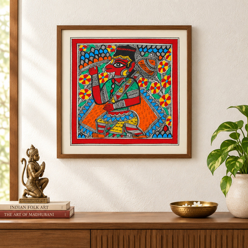 Lord Hanuman with Gada - Madhubani Painting, handmade Madhubani painting from India
