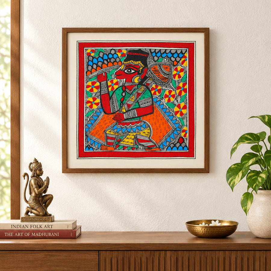 Lord Hanuman with Gada - Madhubani Painting, handmade Madhubani painting from India