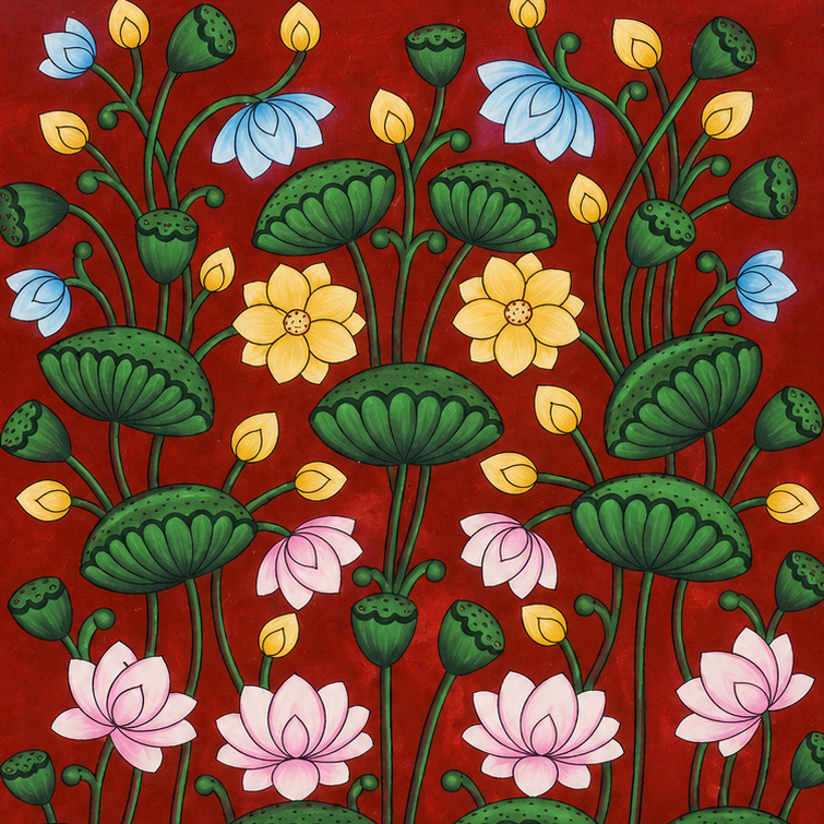 Lotus Bloom Harmony - Pichwai Painting - view 2, handmade pichwai painting from India