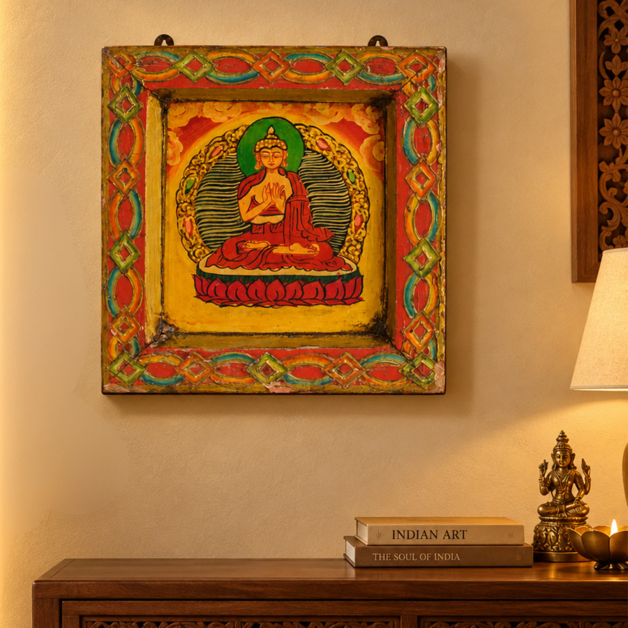 Lotus Buddha - Tibetan Hand-Painted Wall Hanging, handmade Tibetan wall hanging from India