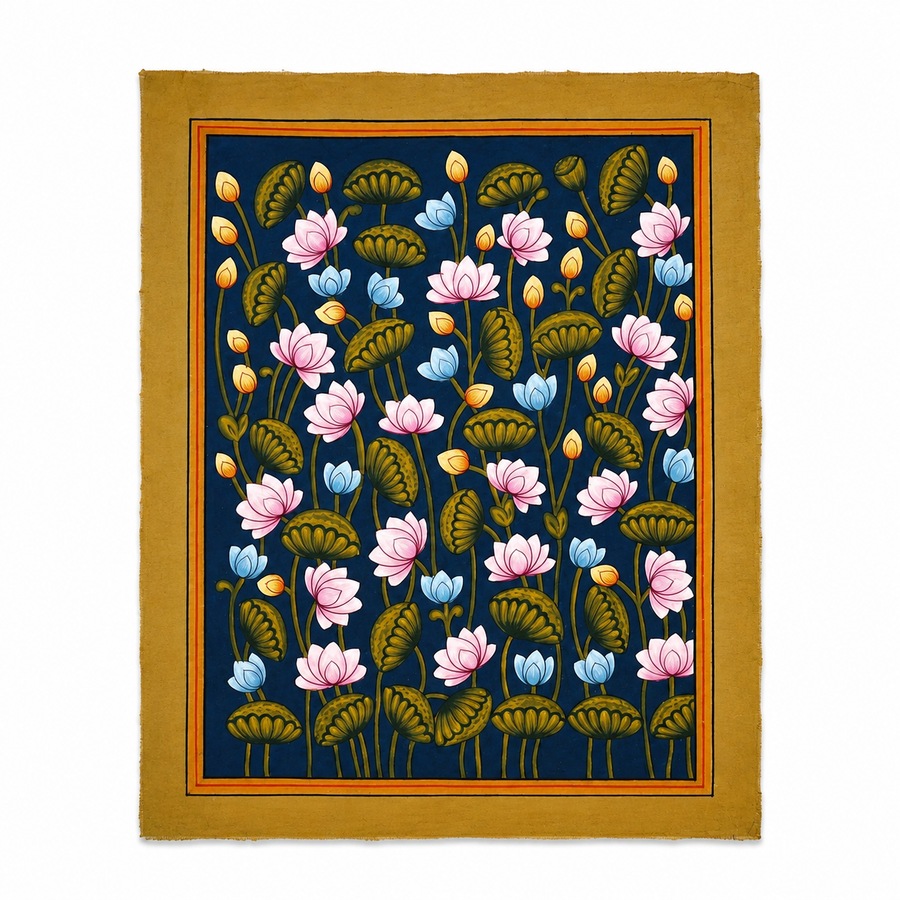 Lotus Garden Serenity - Pichwai Painting, handmade pichwai painting from India