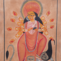 Maa Durga in Battle - Kalighat Painting - view 2, handmade Kalighat folk painting from India