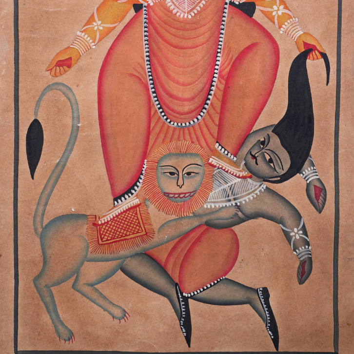 Maa Durga in Battle - Kalighat Painting - view 3, handmade Kalighat folk painting from India