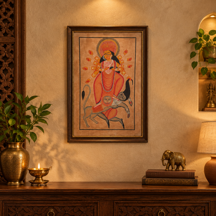 Maa Durga in Battle - Kalighat Painting - view 4, handmade Kalighat folk painting from India