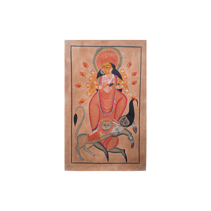 Maa Durga in Battle - Kalighat Painting, handmade Kalighat folk painting from India