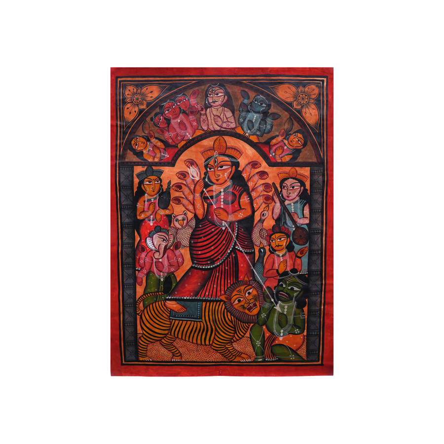 Maa Durga - Kalighat Painting - view 2, handmade Kalighat folk painting from India