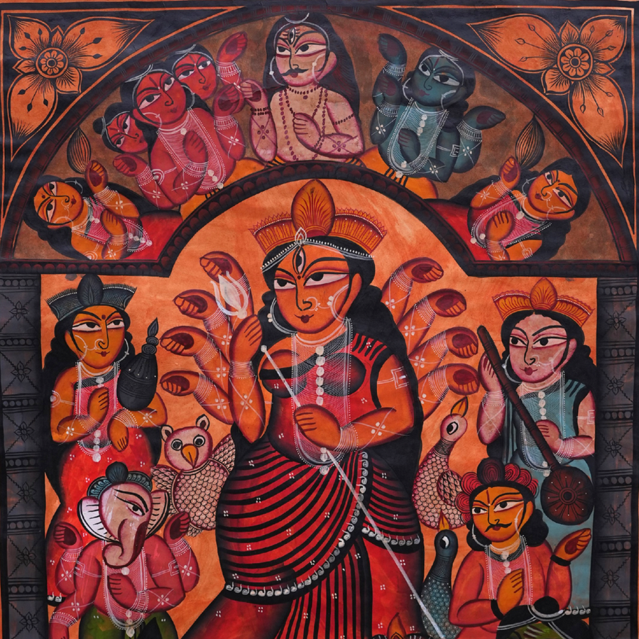 Maa Durga - Kalighat Painting - view 3, handmade Kalighat folk painting from India